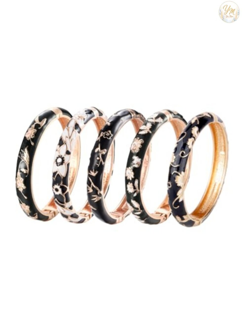 UJOY 5 Pc Enamel Bracelet Set Flower Engraved Cloisonne Bangle Jewelry Gift